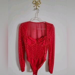 Red Sparkle Bodysuit Mesh Top